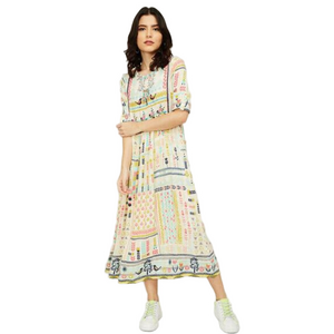 Folk art embroidered pastel print embroidered yoke dress Small tassel detail